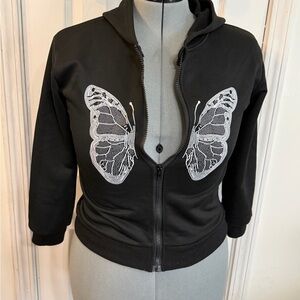 SHEIN Black Zip-Up Hoodie with White Butterfly Rhinestone Detail